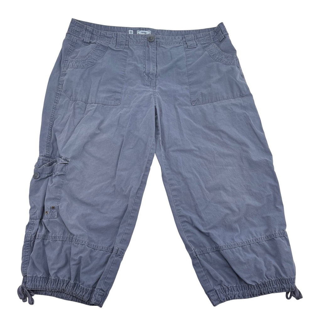 IZOD Womens Blue Gray Cotton Cargo Capri Pants Size 14 Utility Cropped Tie Hem